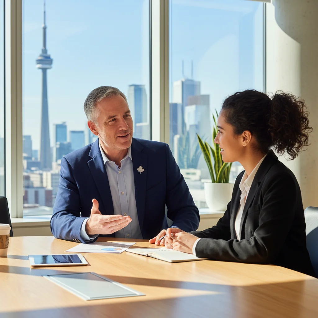 A photorealistic image depicting a professional meeting between a manager and an employee in a modern Canadian office setting, symbolizing performance improvement and support, with elements like a laptop, coffee mugs, and cityscape view through the window.