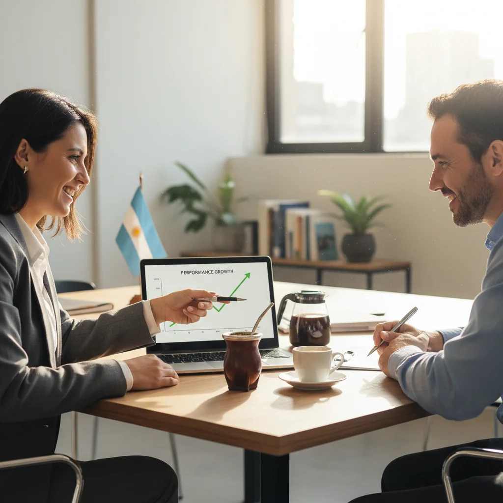 A photorealistic image depicting a professional meeting in a modern Argentine office, where a manager and an employee are engaged in a constructive discussion about performance improvement, symbolizing growth and development in the workplace. The scene includes diverse adult professionals, no children, with elements like a whiteboard showing charts and a window view of Buenos Aires skyline.