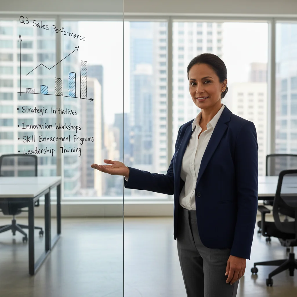 A photorealistic image depicting a professional in a modern office environment, standing confidently at a whiteboard with charts and graphs showing upward trends, symbolizing effective performance improvement and career growth. The scene conveys motivation, strategy, and success in a business setting, with no children present.