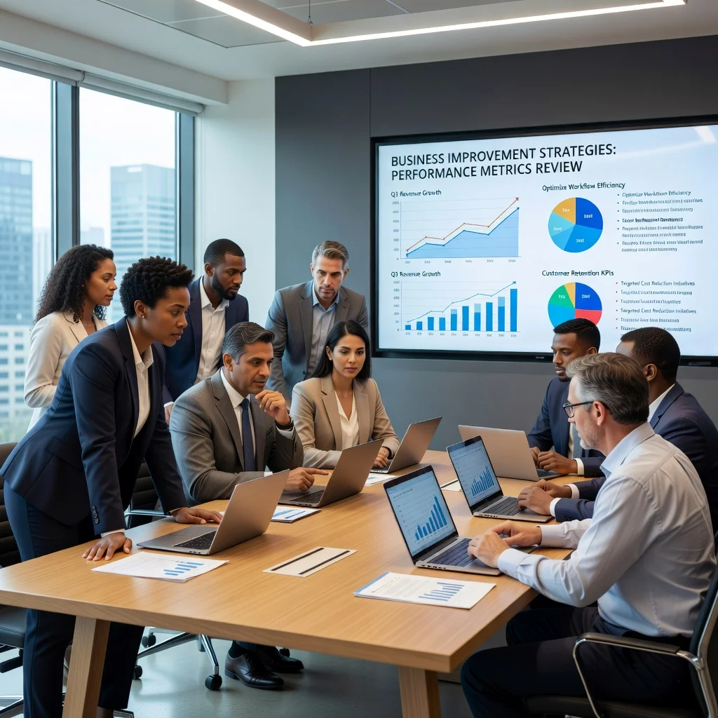 A photorealistic image of a diverse team of professionals in a modern office setting, engaged in a collaborative meeting, discussing charts and graphs on a whiteboard, symbolizing effective implementation of a performance improvement plan in a company. The atmosphere is positive and focused, with adults only, no children present.