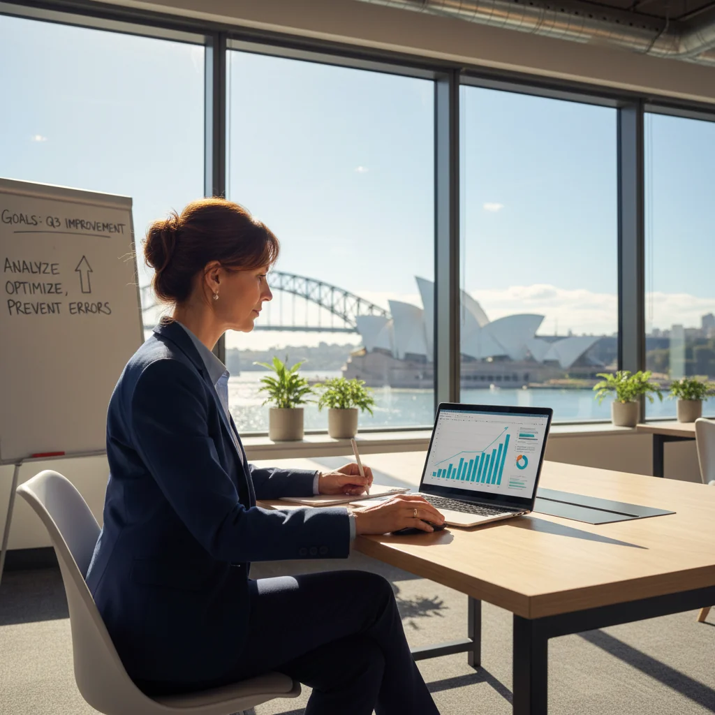 A photorealistic image of a professional adult employee in a modern Australian office setting, looking thoughtful while reviewing performance notes on a computer, symbolizing improvement and workplace growth, with subtle Australian elements like a Sydney skyline view in the background. No children or legal documents visible.