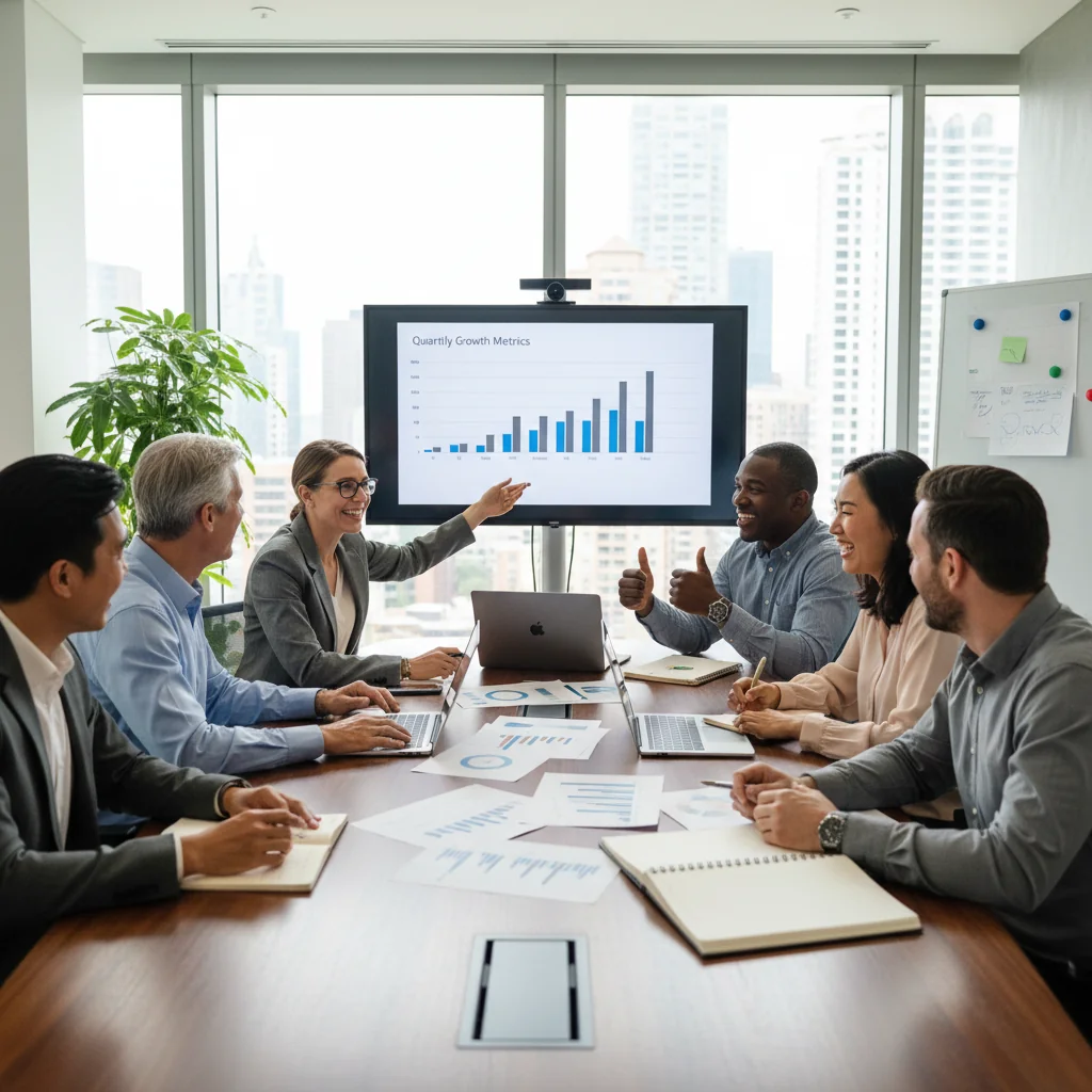 A photorealistic image of a diverse team of adults in a modern office setting, engaged in a collaborative performance improvement meeting. They are discussing charts and goals around a conference table, looking motivated and professional, symbolizing effective implementation of performance plans.
