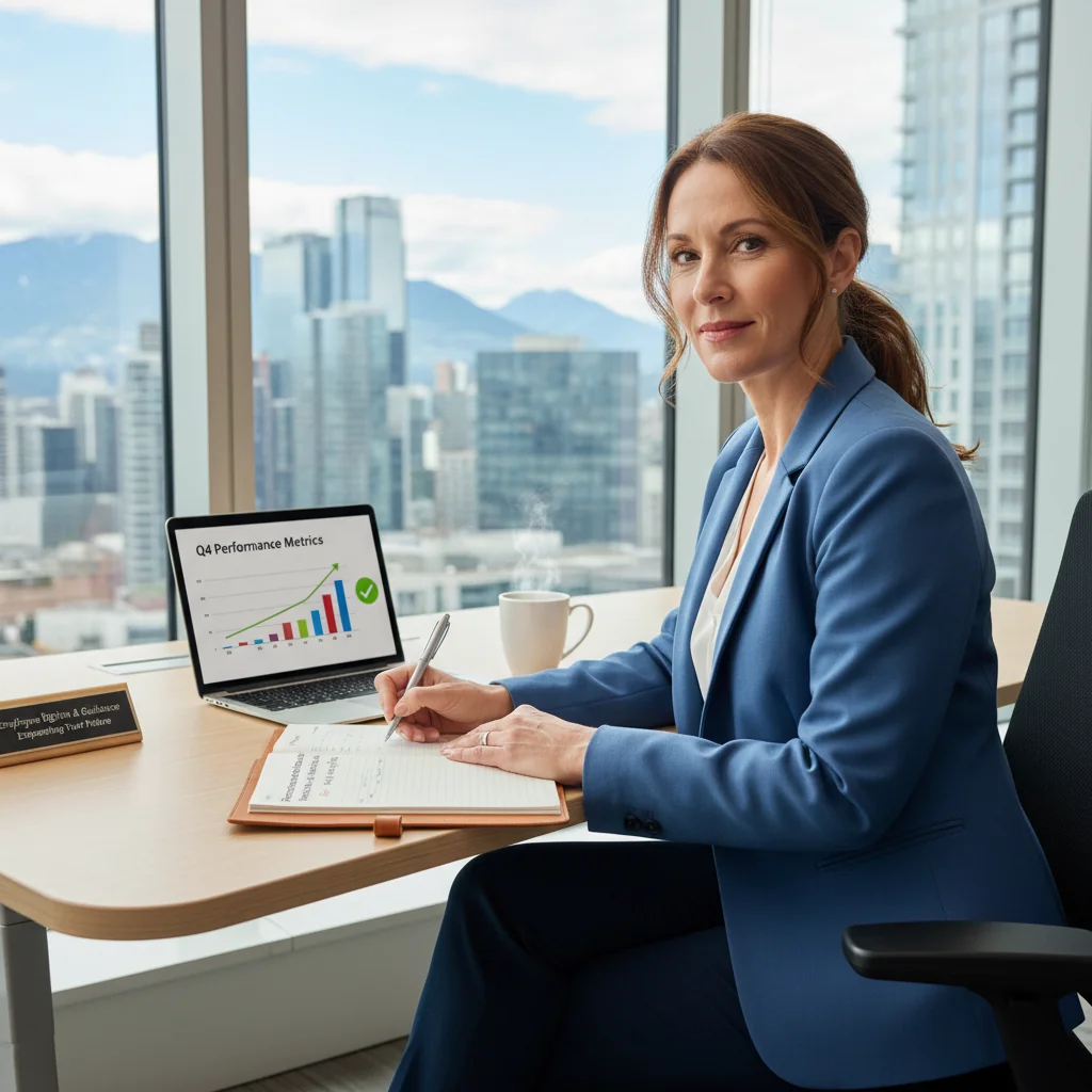 A photorealistic image of a professional adult employee in a modern Canadian office setting, sitting at a desk with a thoughtful expression, reviewing notes on a performance plan, surrounded by subtle elements like a laptop and coffee mug, symbolizing employee rights and support during a performance improvement process. No children are present in the image.