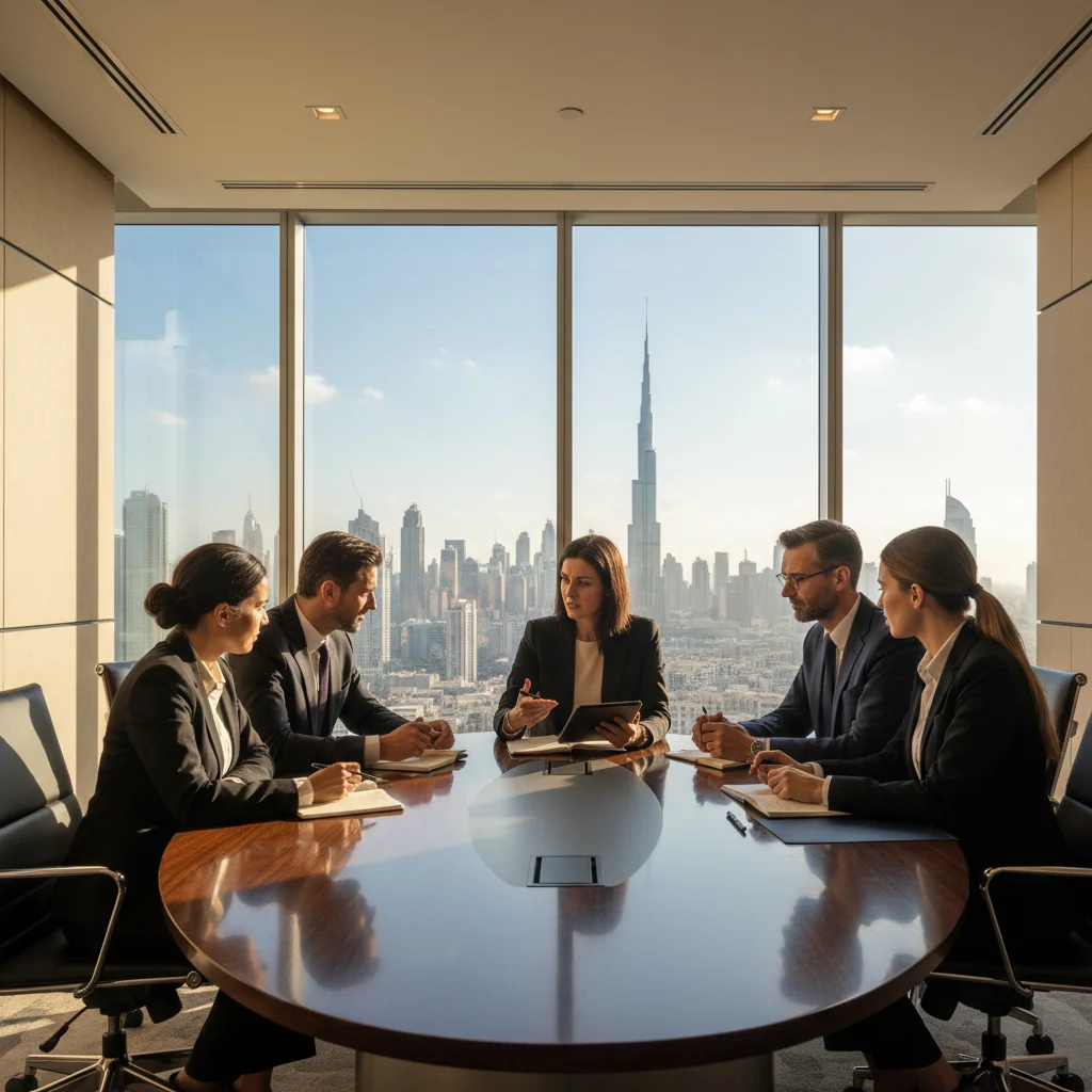 A professional business meeting in a modern Dubai office, with diverse adult professionals discussing performance improvement plans around a conference table, symbolizing legal guidance in the UAE.