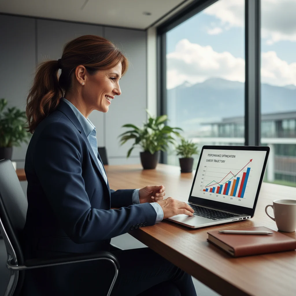 A photorealistic image of a motivated adult professional in an Austrian office setting, reviewing performance goals on a computer screen with a confident expression, symbolizing career improvement and development without showing any legal documents.