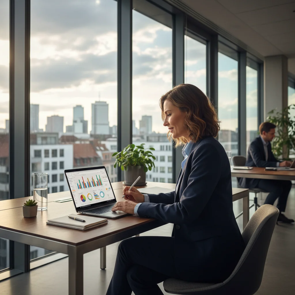 A photorealistic image of a motivated adult professional in a modern German office environment, reviewing performance goals on a computer screen with a confident expression, symbolizing career improvement and growth without any focus on documents or children.