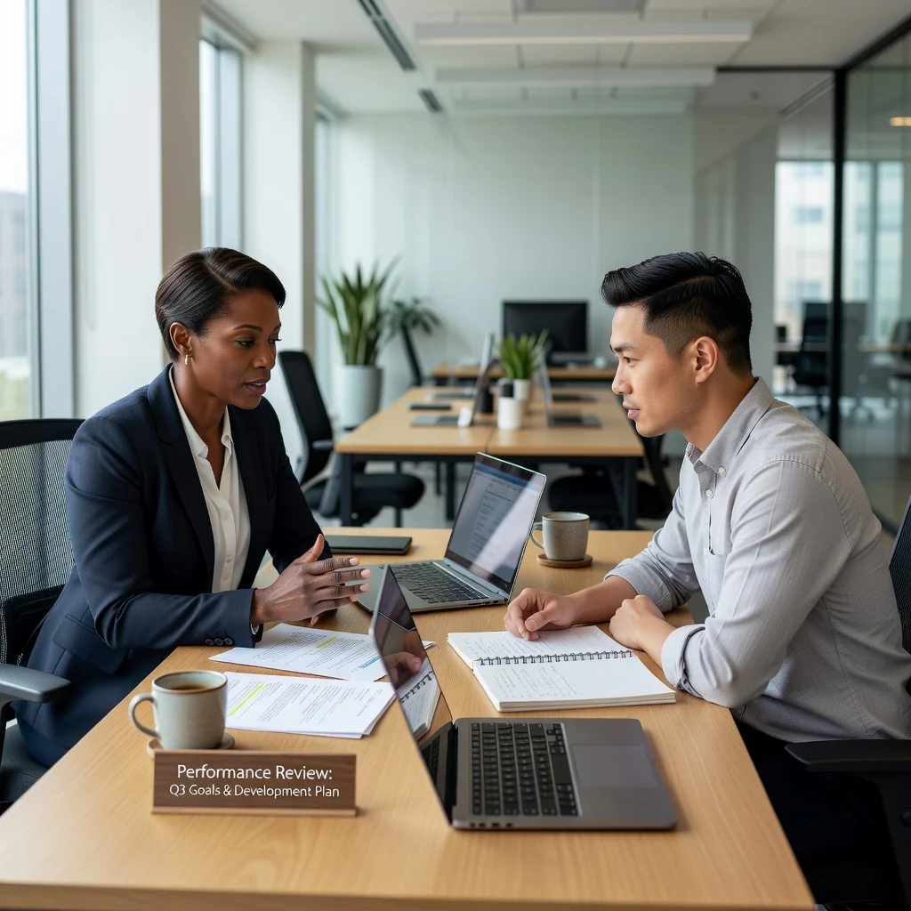 A photorealistic image depicting a professional workplace meeting between a manager and an employee discussing performance improvement, symbolizing guidance and support without focusing on any legal documents.