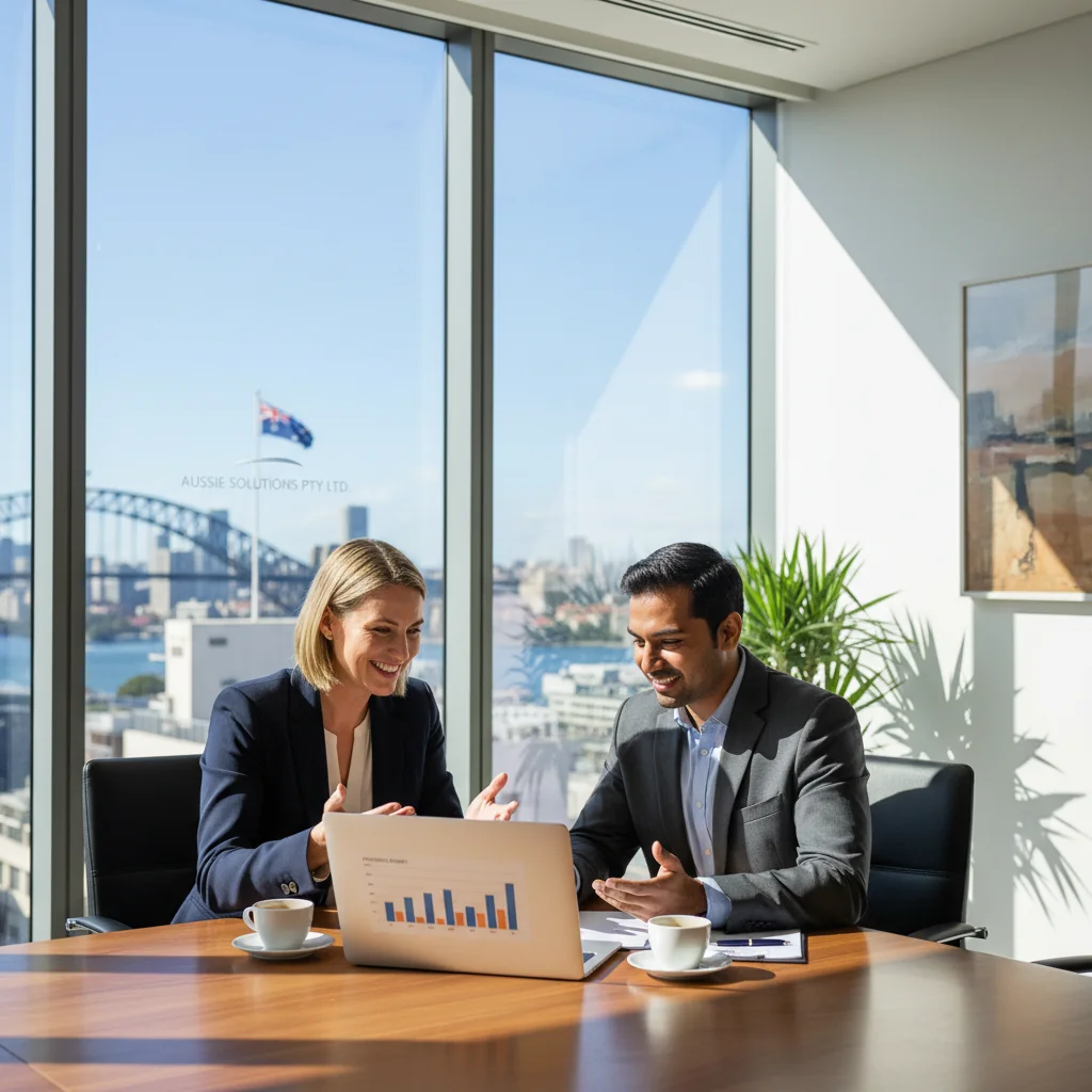 A photorealistic image of a professional business meeting in an Australian office setting, showing an adult employee and a manager discussing performance improvement strategies at a conference table, with Australian workplace elements like a window view of Sydney skyline in the background, conveying a sense of constructive dialogue and career development.