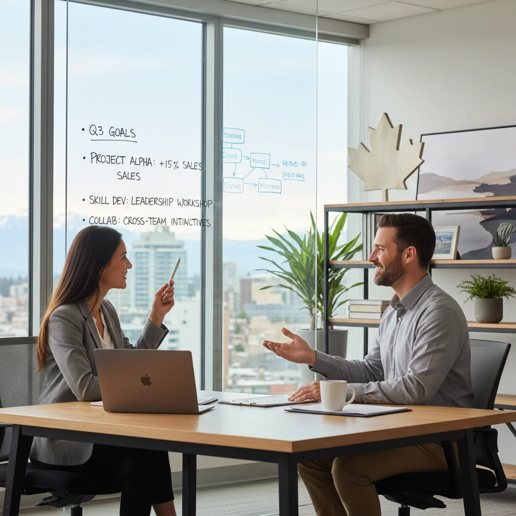A photorealistic image of a professional adult employee in a modern Canadian office setting, engaged in a constructive performance review meeting with a manager, symbolizing workplace improvement and support, with elements like a whiteboard or charts in the background, no children or legal documents visible.