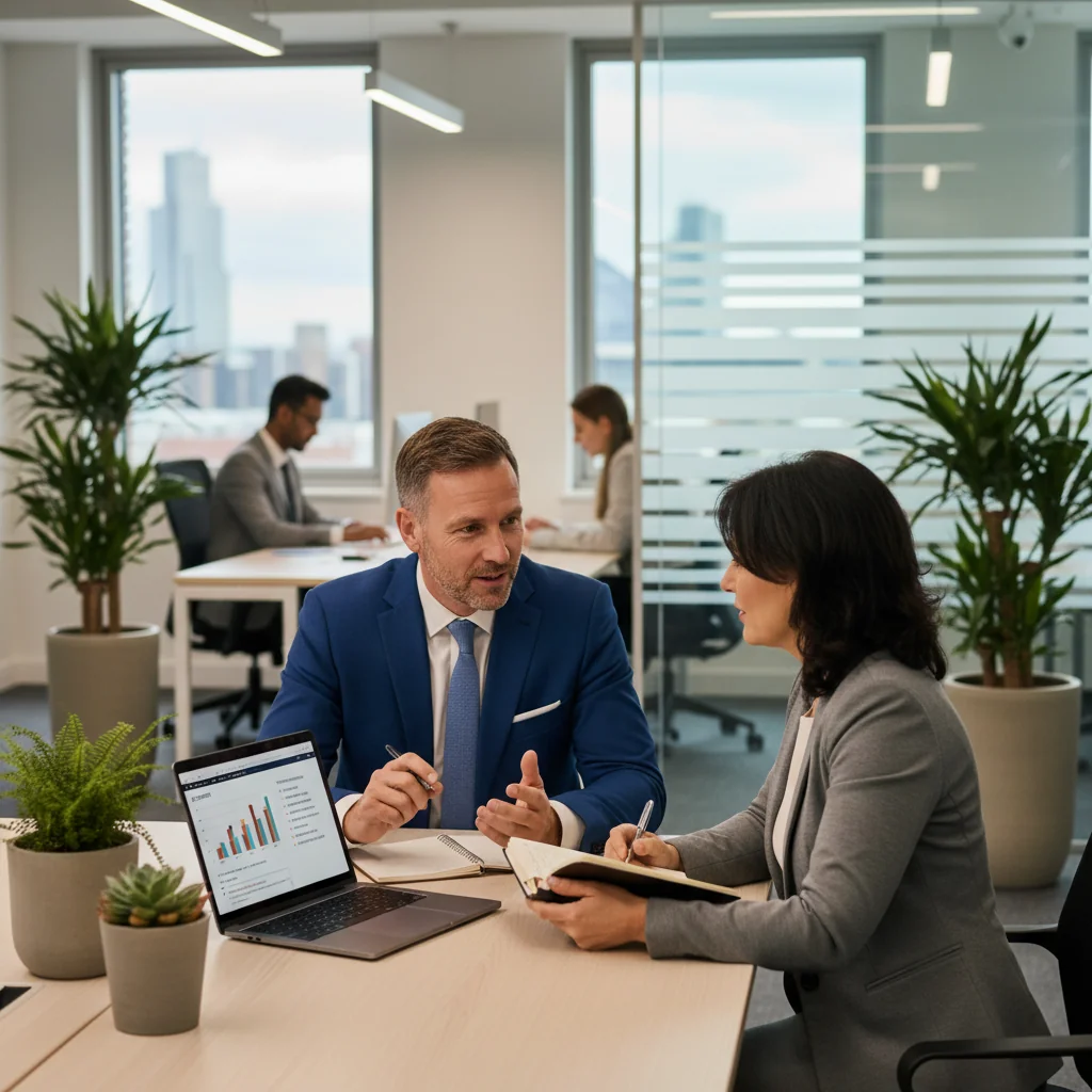 A photorealistic image depicting a professional workplace setting in the UK, showing an adult employee and a manager in a positive discussion about performance improvement, symbolizing support and growth without focusing on documents.
