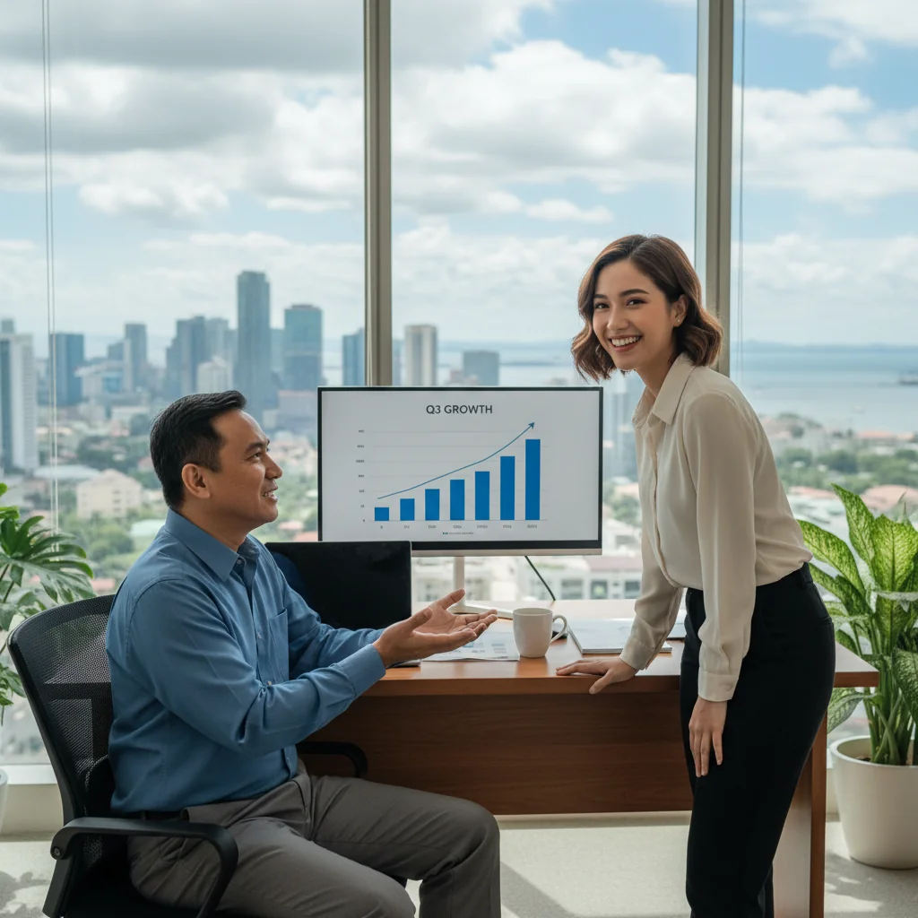 A photorealistic image of a professional adult employee in a modern Philippine office setting, engaged in a constructive performance review meeting with a manager, symbolizing career growth and improvement without showing any documents.