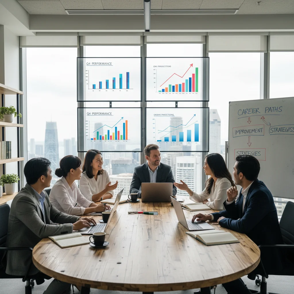 A photorealistic image of a professional business meeting in a modern Singapore office, showing a manager and employee discussing performance goals with positive expressions, symbolizing career improvement and workplace support, no children present.