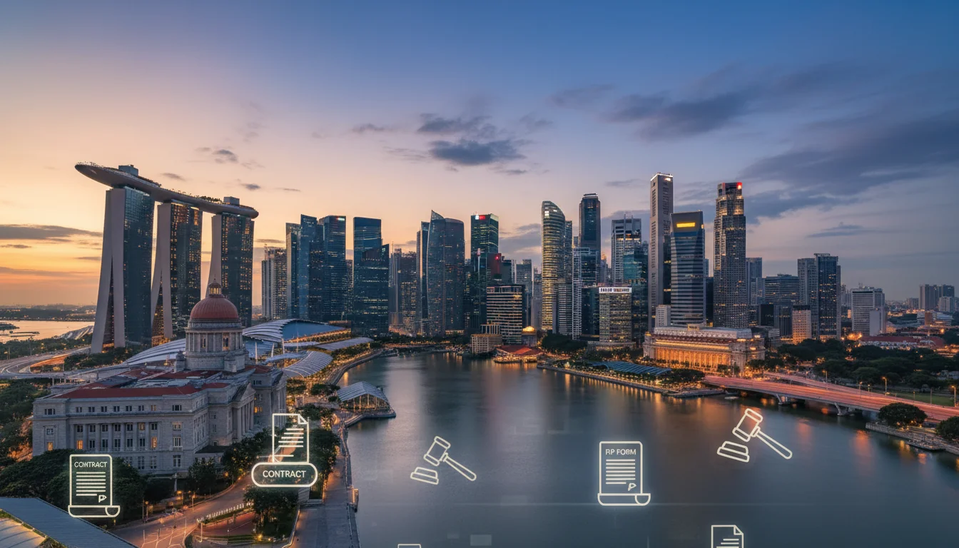 Singapore skyline with legal courthouse
