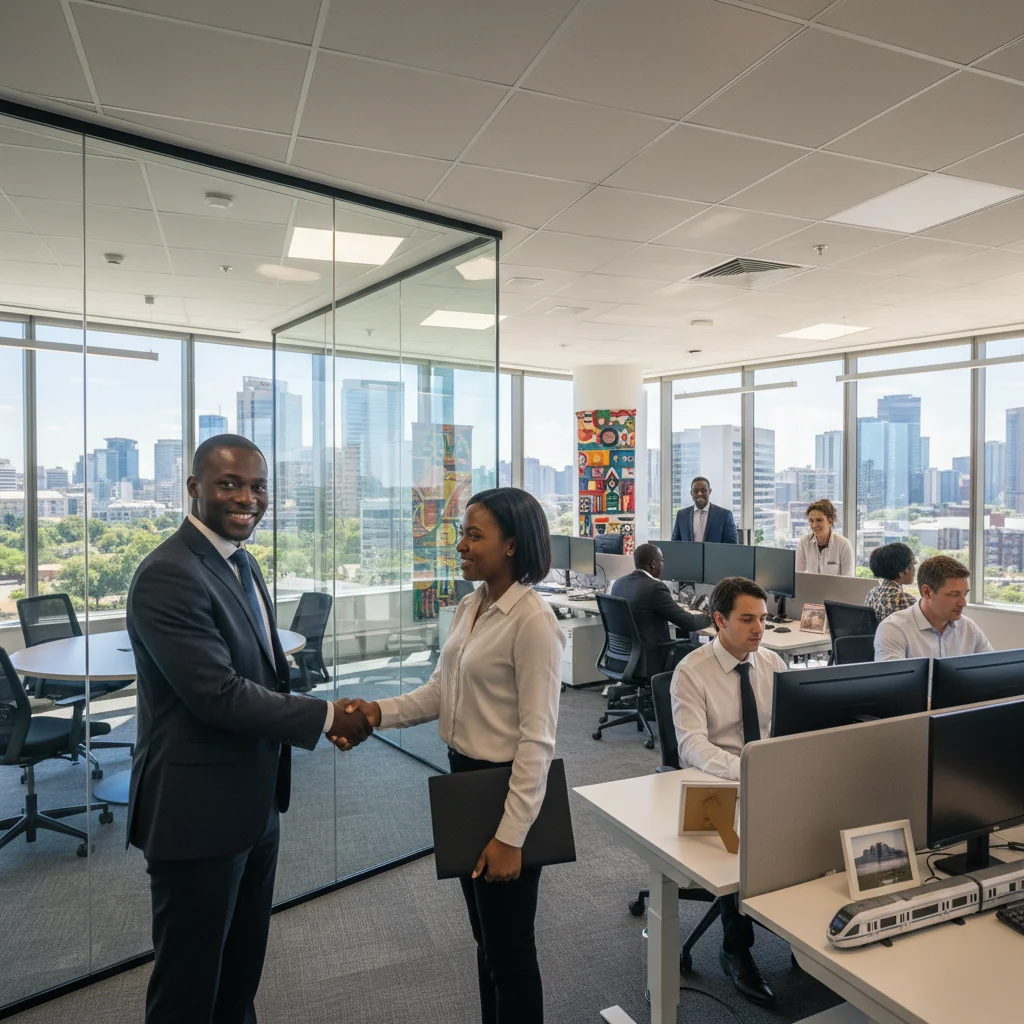 A photorealistic image of a professional South African office environment where an adult employee is engaged in a positive performance discussion with a manager, symbolizing improvement and growth in a workplace setting, with diverse adult professionals visible in the background, no children present.