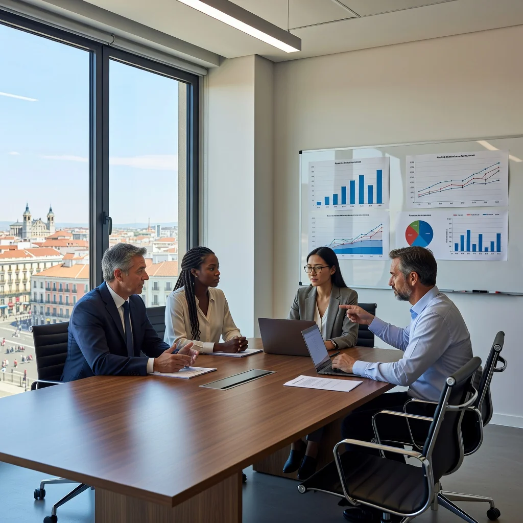 A photorealistic image of a professional business meeting in a modern Spanish office, where a diverse group of adults is discussing performance improvement strategies around a conference table, symbolizing collaboration and growth in a work environment.