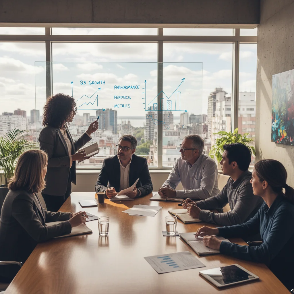 A photorealistic image of a professional business meeting in a modern office in Argentina, where a manager and an employee are discussing performance improvement strategies over a table with laptops and coffee cups, symbolizing career development and workplace enhancement, no children present.
