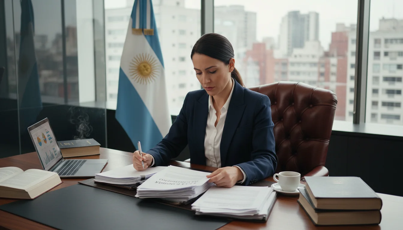 Argentine lawyer reviewing performance documents