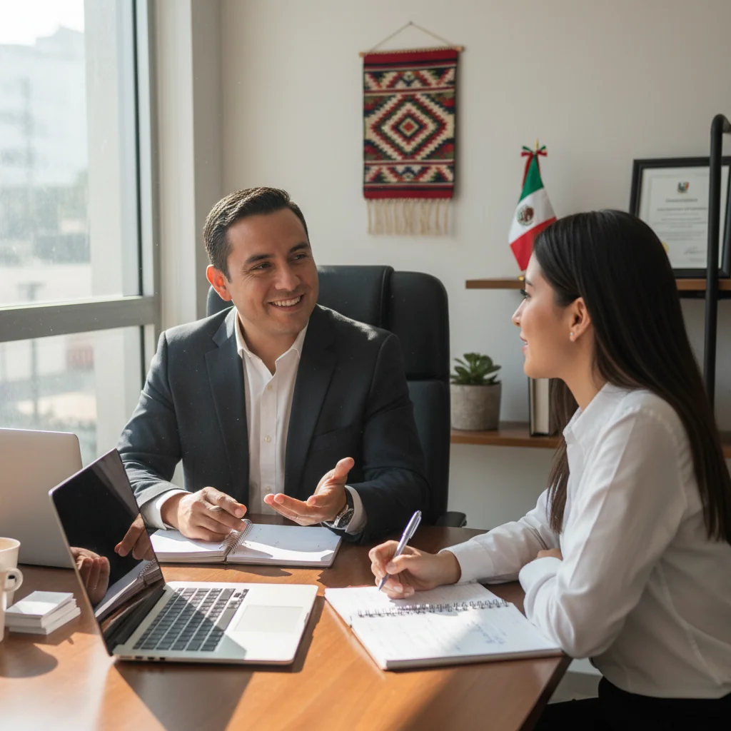 A photorealistic image depicting a professional business meeting in a modern Mexican office, where an adult manager and an adult employee are engaged in a constructive discussion about performance improvement, symbolizing the purpose of a Plan de Mejora de Desempeño legal document. The scene conveys positivity, collaboration, and professional growth, with no children present.