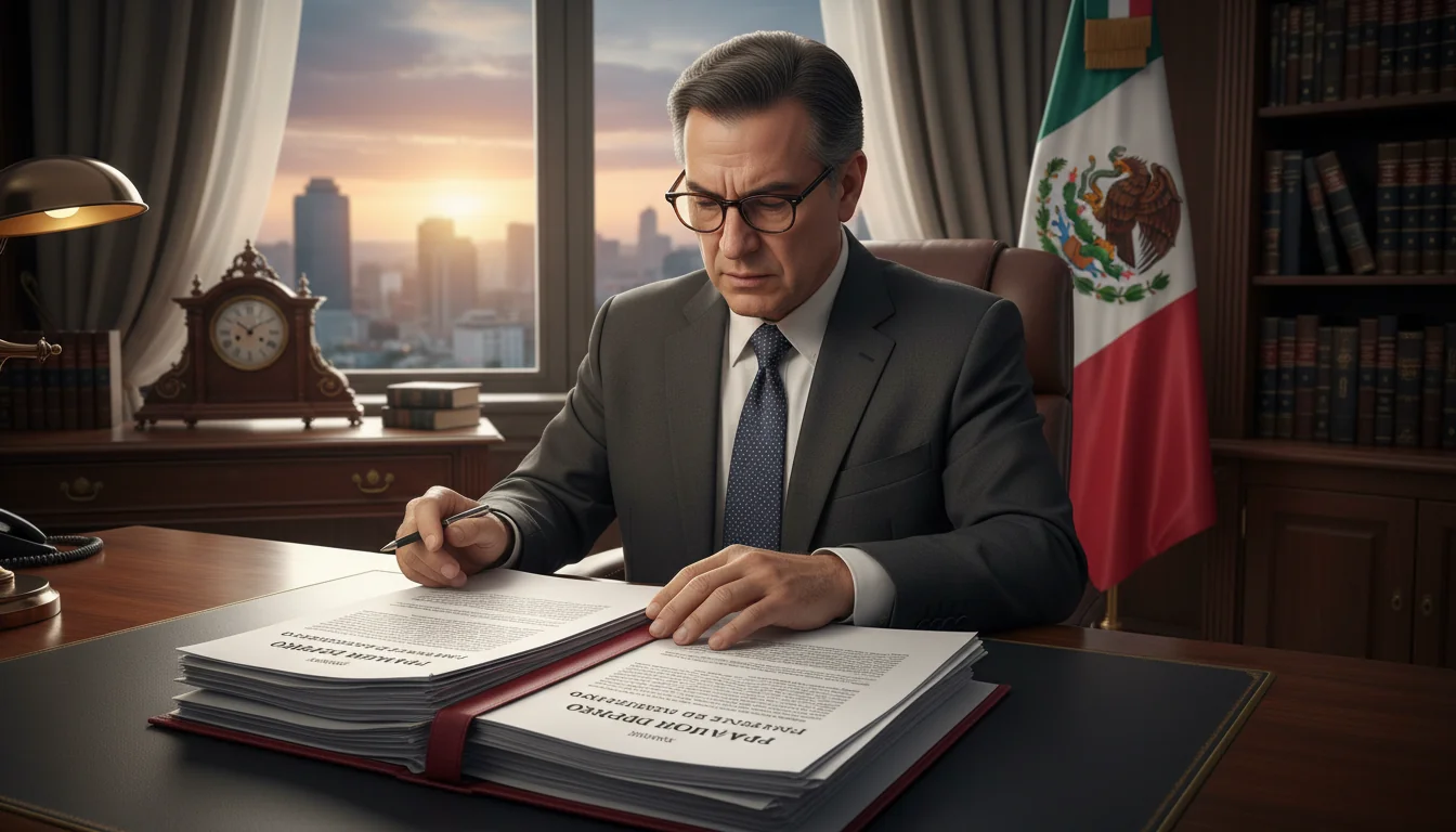 Mexican legal professional reviewing documents