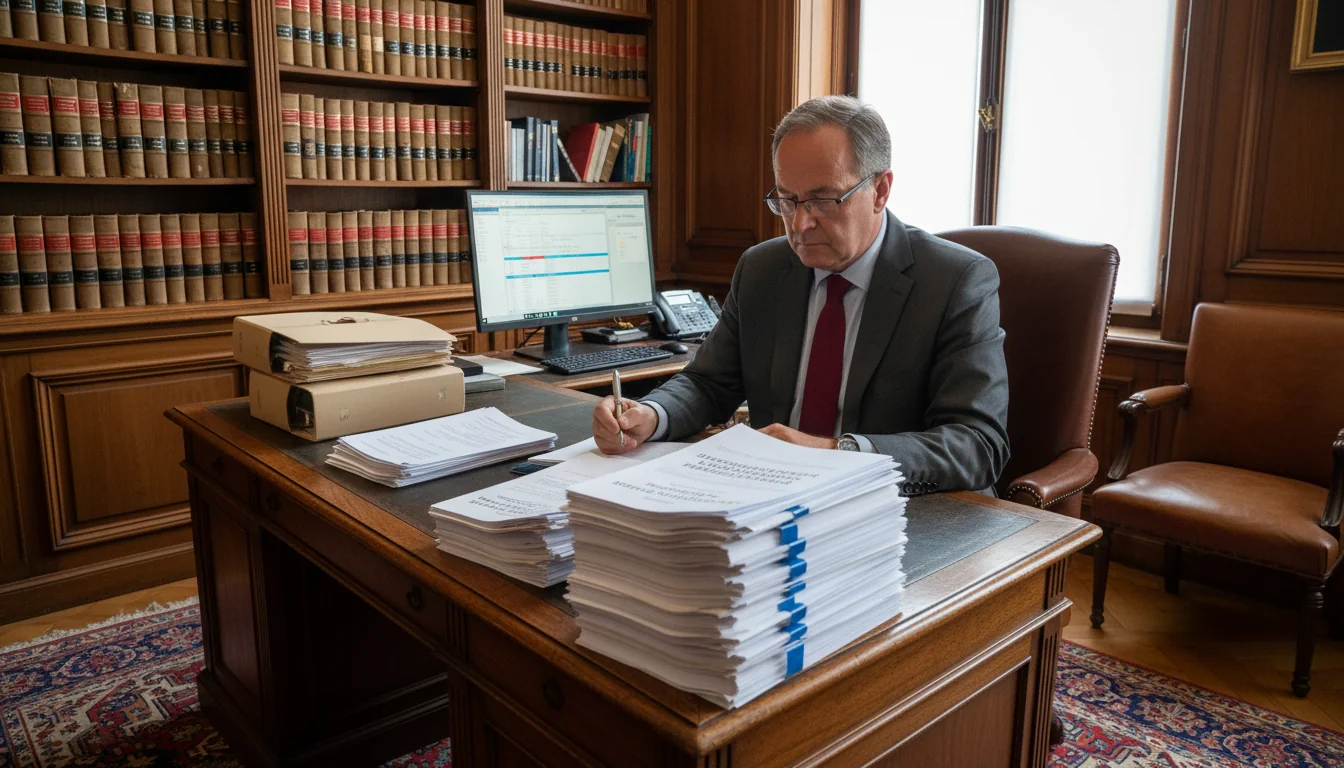 French lawyer reviewing dismissal documents