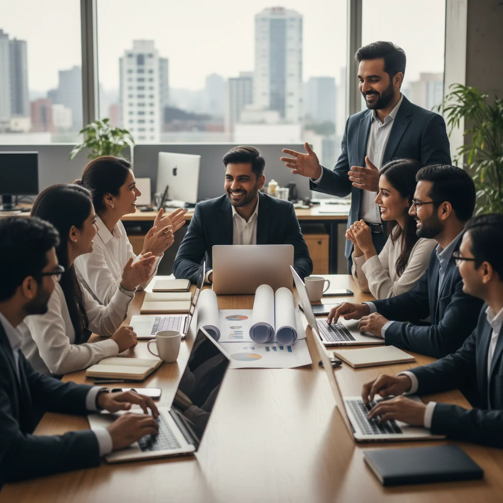 A professional Indian office setting where an employee is receiving constructive feedback from a manager during a performance review meeting, symbolizing improvement and growth in a corporate environment.