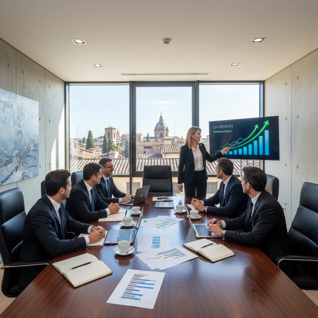 A photorealistic image of a professional business meeting in an Italian office, where a diverse group of adults is collaboratively reviewing charts and performance metrics on a table, symbolizing improvement plans and legal compliance in a corporate setting, with Italian architectural elements in the background.