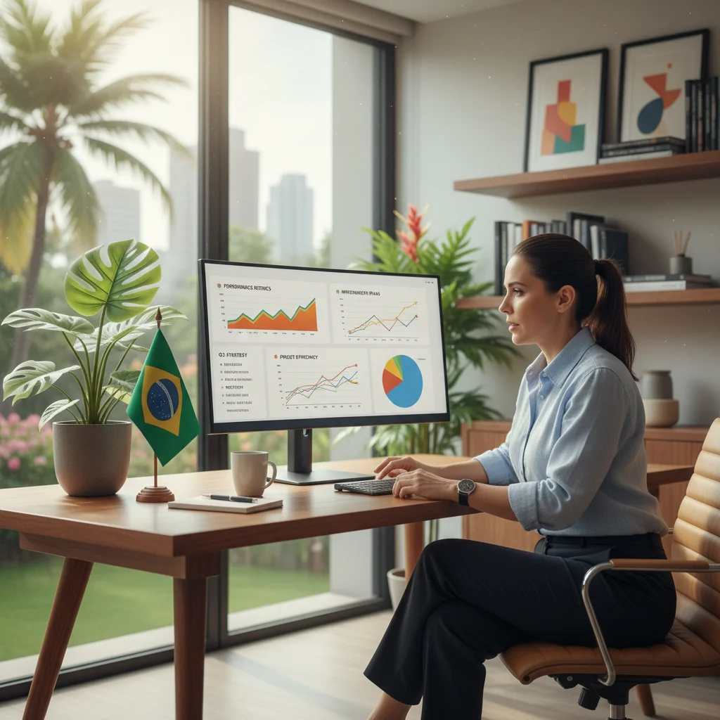 A photorealistic image of a professional in a modern Brazilian office setting, reviewing performance improvement strategies on a computer, symbolizing career growth and workplace enhancement without focusing on documents.