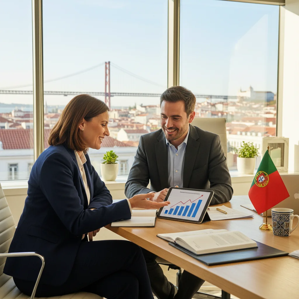 A photorealistic image of a professional adult employee in a modern Portuguese office setting, reviewing performance improvement notes with a supervisor, symbolizing career development and workplace enhancement, no children present.