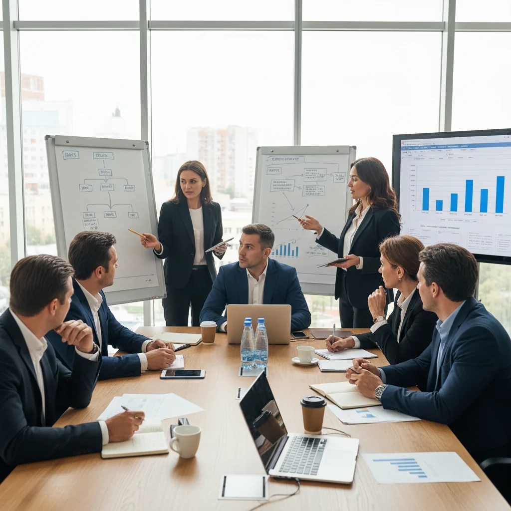 A professional team of adults in a modern Russian office setting, collaborating on improving work processes and results, with elements like charts and planning boards in the background, conveying efficiency and legal compliance without showing any documents.