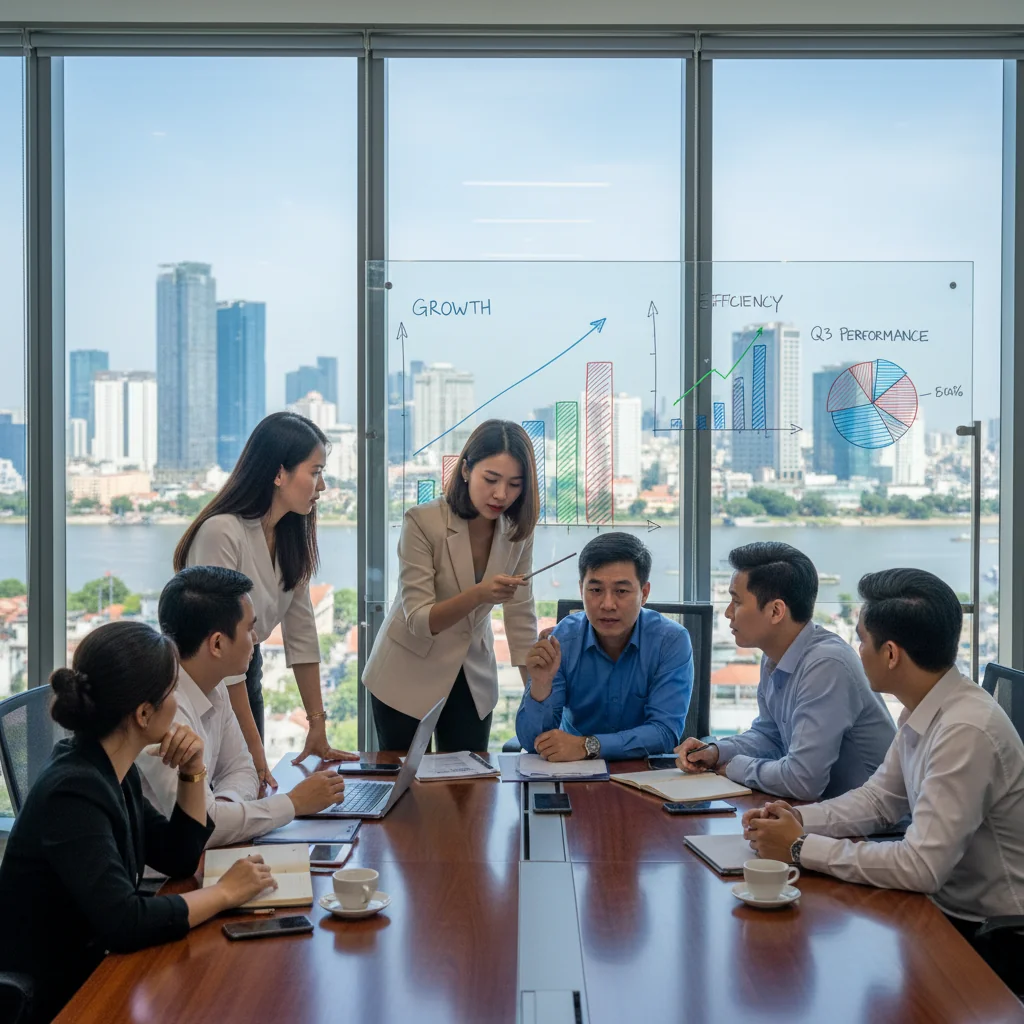 A photorealistic image of a professional business meeting in a modern Vietnamese office, where adults are discussing performance improvement plans on a whiteboard, symbolizing enhancement of work efficiency and legal compliance in a corporate setting, with no children present.