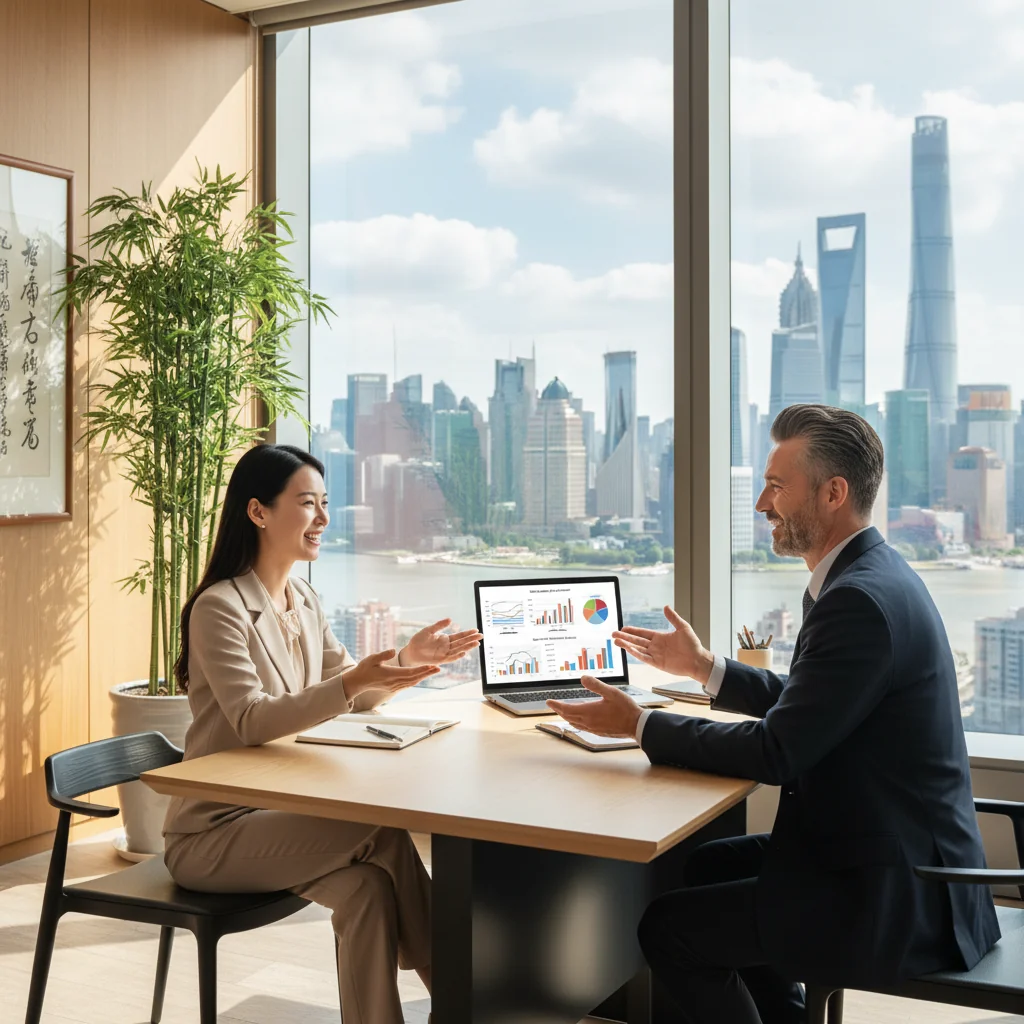 A photorealistic image depicting a professional business meeting in a modern Chinese office, where a manager and employee are engaged in a constructive discussion about performance improvement, symbolizing guidance and professional growth in a corporate setting in China.
