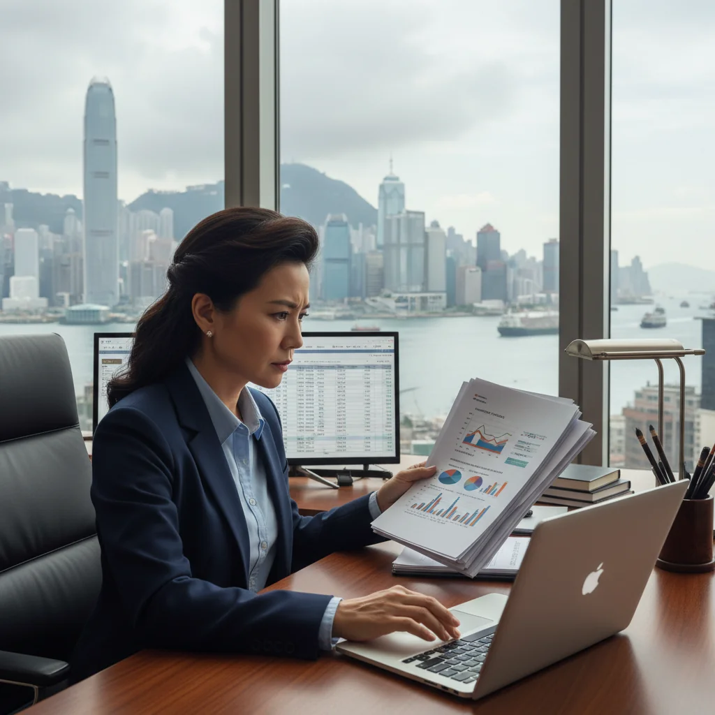 A professional adult in a modern Hong Kong office, reviewing legal documents on a desk with city skyline view, symbolizing improvement plans and legal compliance.