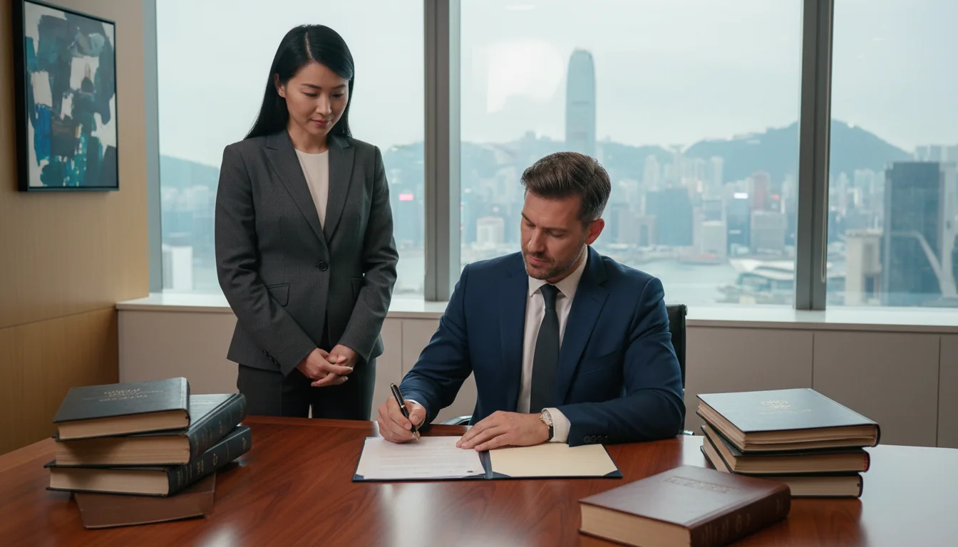 Signing a legal contract in office