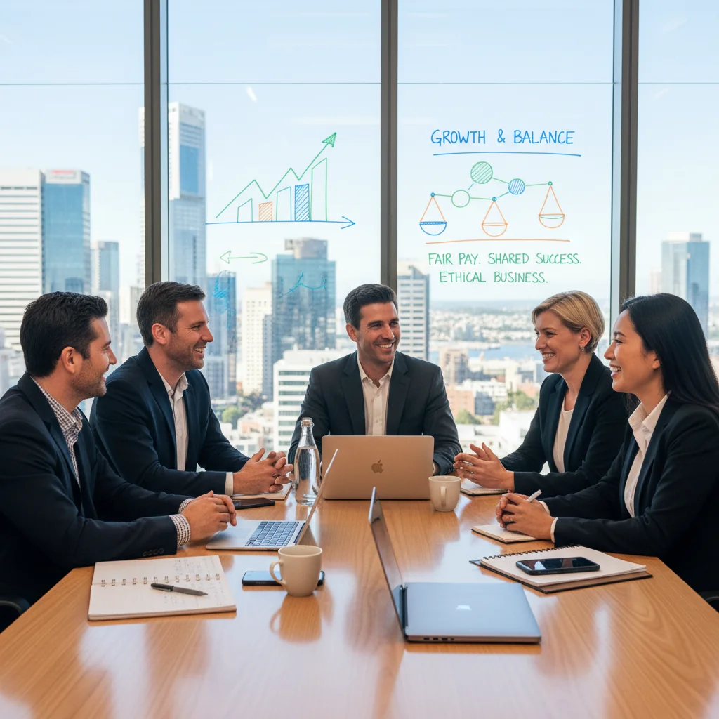 A photorealistic image of a diverse group of professional adults in a modern Australian office setting, engaged in a positive discussion about business strategy and employee rewards, symbolizing the development of an effective remuneration philosophy for businesses. The scene conveys teamwork, fairness, and professional growth, with elements like a whiteboard showing charts on compensation or a meeting table with coffee cups, but no documents or text visible. Ensure no children are present in the image.