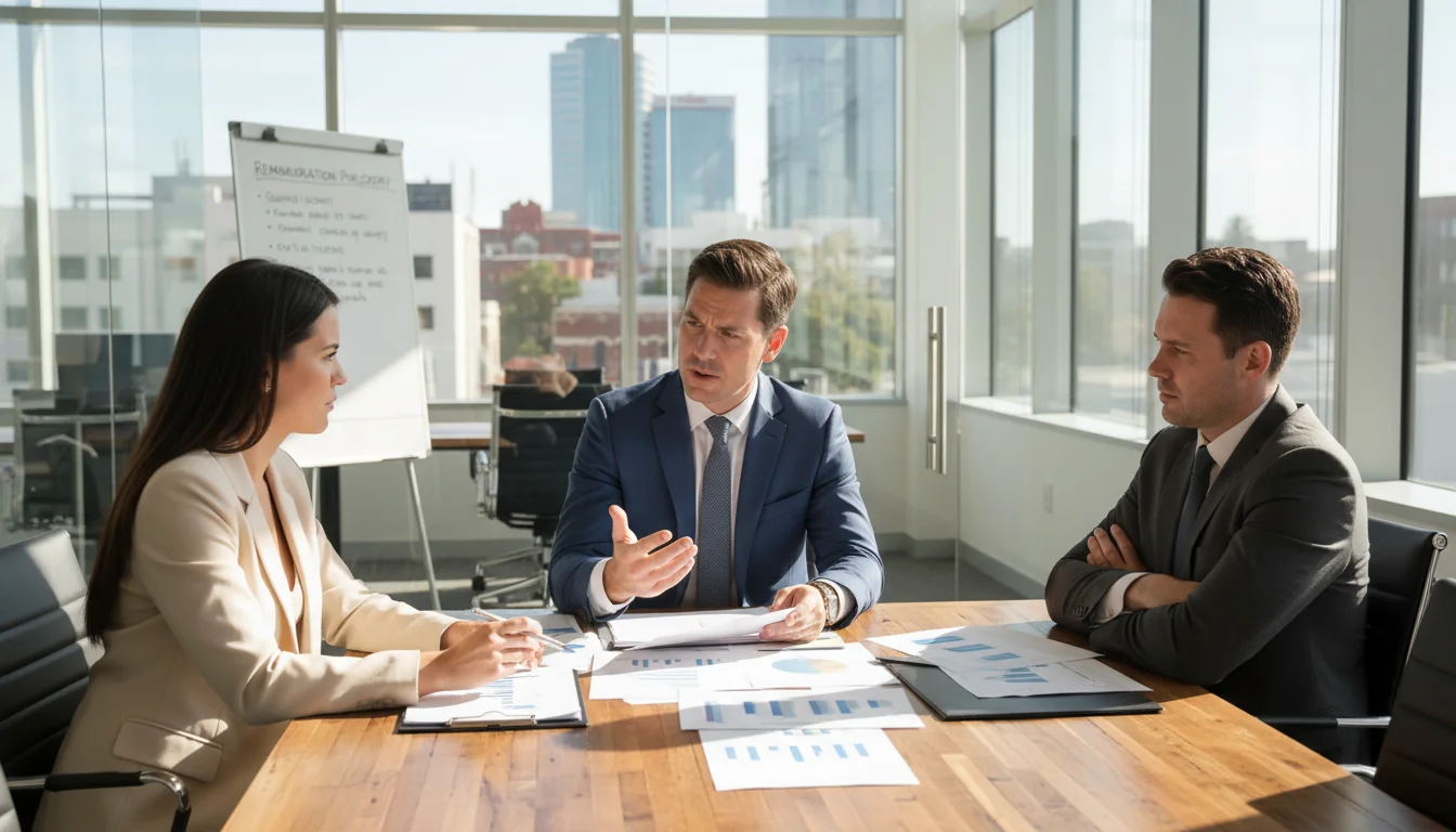 Business executives discussing remuneration