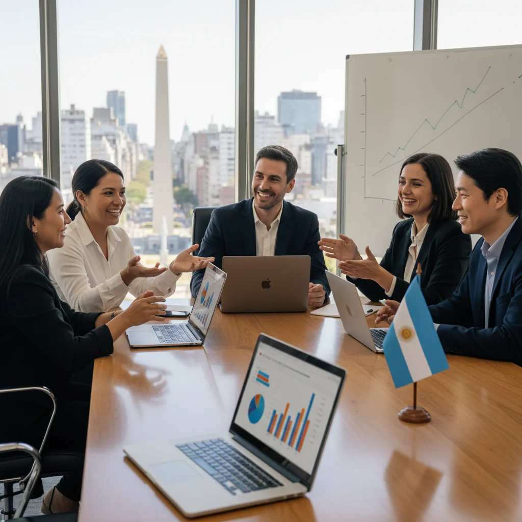 A photorealistic image of a diverse group of professional adults in a modern Argentine office setting, engaged in a collaborative meeting discussing compensation strategies, with subtle national elements like a flag or Buenos Aires skyline in the background, symbolizing fair and transparent workplace policies.