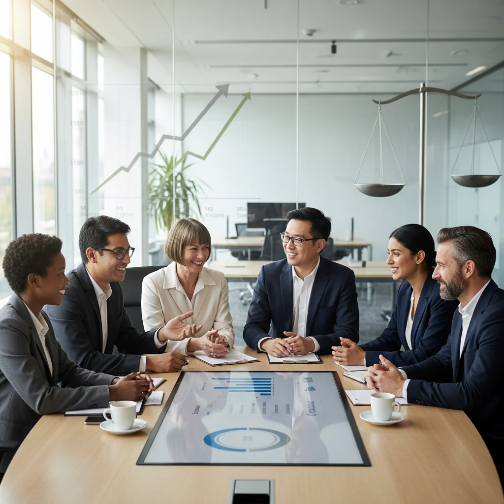 A photorealistic image depicting a diverse group of professional adults in a modern UK office setting, engaged in a positive discussion about compensation and business strategy, symbolizing a strong compensation philosophy for UK businesses. The scene includes adults shaking hands over a table with subtle financial charts, conveying fairness, motivation, and growth in a corporate environment.