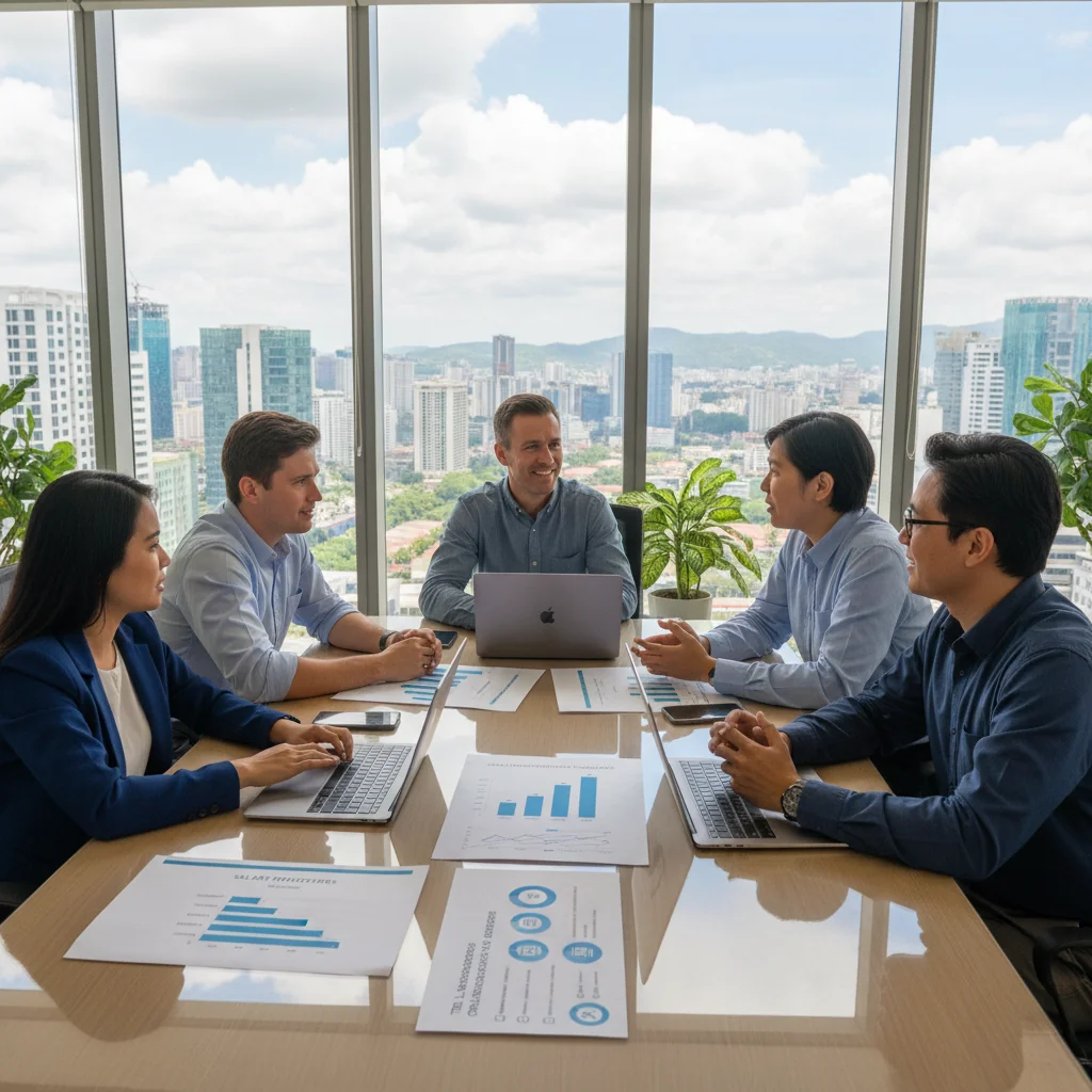 A photorealistic image of a diverse group of professional adults in a modern Philippine office setting, engaged in a positive discussion about compensation strategies, symbolizing effective HR practices and fair employee rewards, with elements like a whiteboard showing growth charts in the background, conveying professionalism and equity in the workplace.
