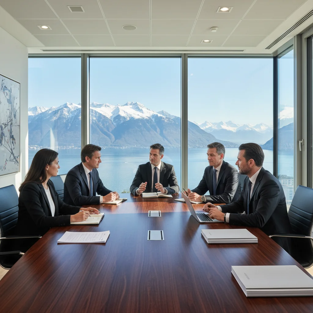 A photorealistic image depicting a professional business meeting in a modern Swiss office, with executives discussing compensation strategies around a conference table, overlooking the Alps, symbolizing legal and philosophical aspects of remuneration in Swiss companies. No children present.