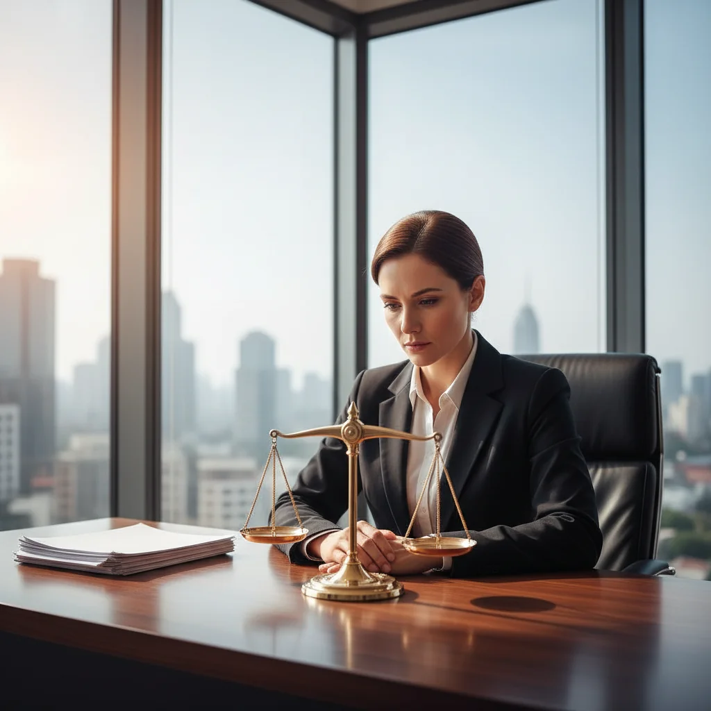A photorealistic image symbolizing retributive philosophy in a justice context, featuring a thoughtful adult professional in a modern office setting, reviewing a symbolic scale of justice on a desk, with a determined expression, conveying effectiveness and clarity in declaration.