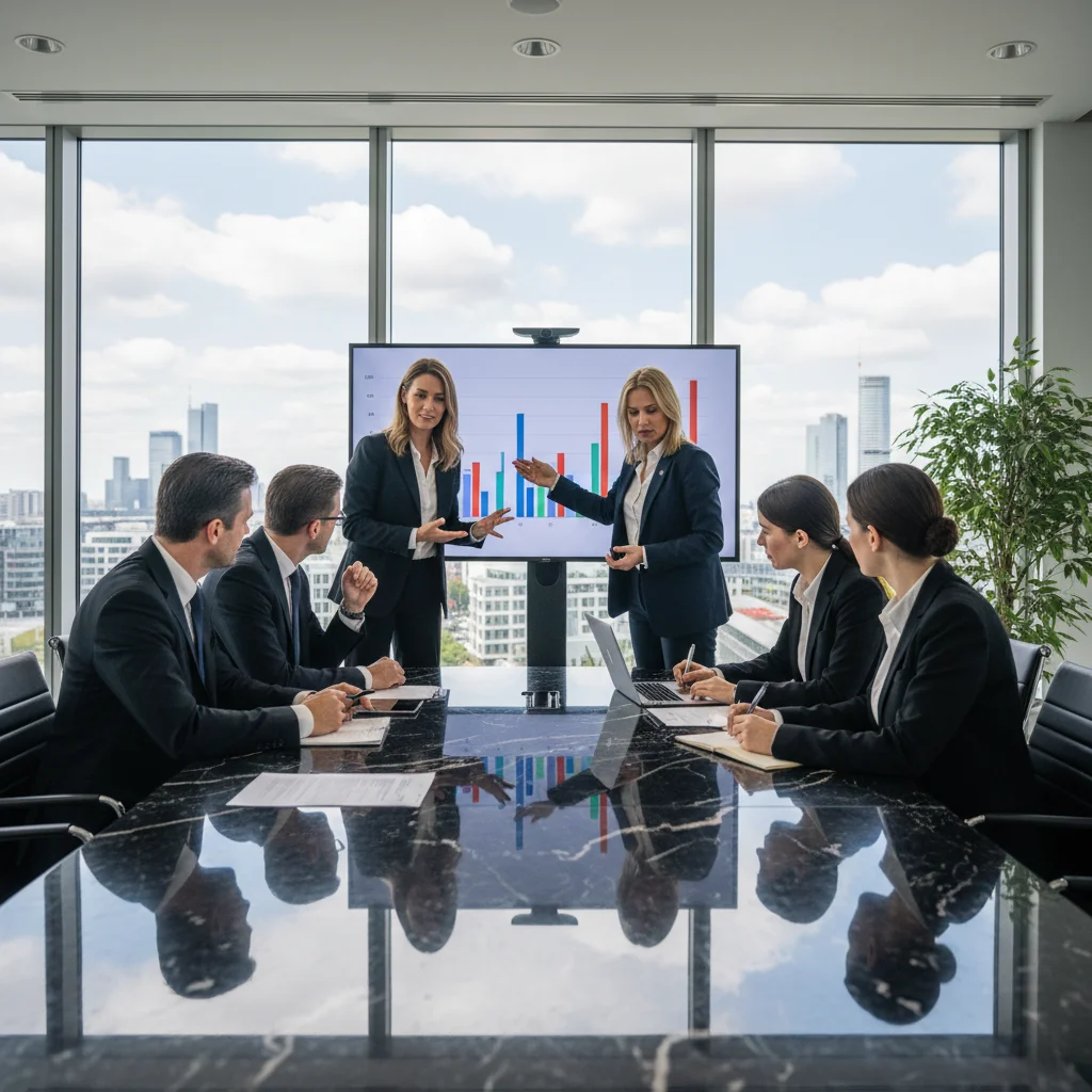 A photorealistic image of a professional business meeting in a modern German office, where executives are discussing compensation strategies around a conference table, symbolizing the foundations of remuneration philosophy in Germany. The scene includes diverse adults in business attire, with elements like charts on compensation but no documents or text visible.