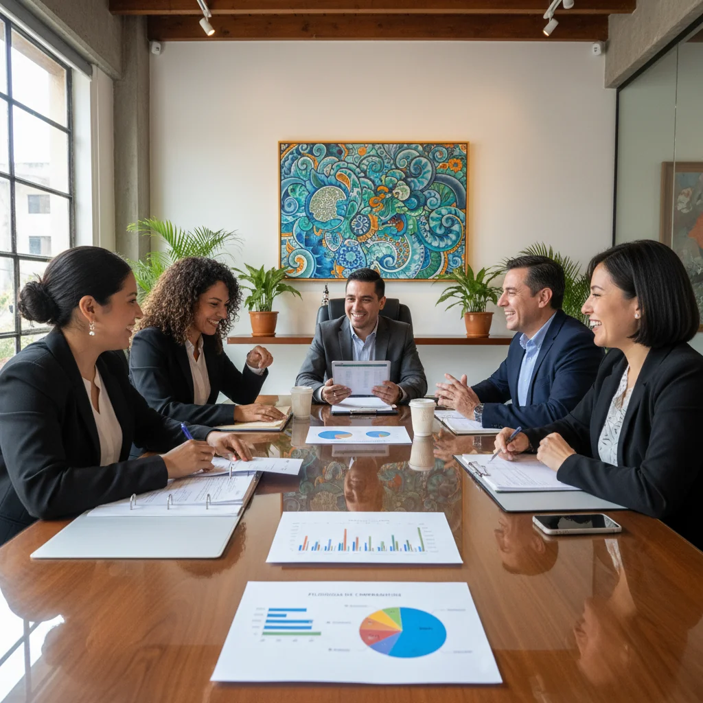 A photorealistic image depicting a diverse group of professional adults in a modern Mexican office setting, engaged in a collaborative discussion about compensation strategies. They are smiling and pointing at charts on a whiteboard that symbolize fair pay and benefits, with subtle Mexican cultural elements like colorful decor in the background. No children are present. The atmosphere conveys fairness, equity, and professional growth in HR practices.