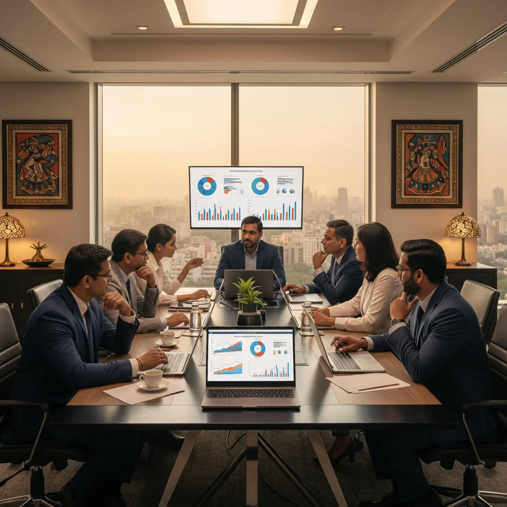 A photorealistic image of a diverse group of professional adults in a modern Indian corporate office, engaged in a thoughtful discussion around a conference table, symbolizing the importance of compensation philosophy statements for Indian companies. The atmosphere is collaborative and professional, with elements like laptops, charts on compensation strategies, and Indian cultural touches in the decor, evoking trust, fairness, and strategic planning in employee compensation.