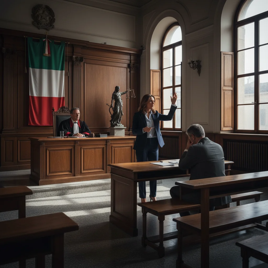 A photorealistic image symbolizing retributive philosophy in the Italian justice system, depicting a solemn Italian courtroom scene with an adult judge in black robes presiding over a trial, an adult lawyer presenting arguments, and a defendant seated, with Italian flags and legal symbols in the background, evoking themes of justice and retribution without showing any children or documents.