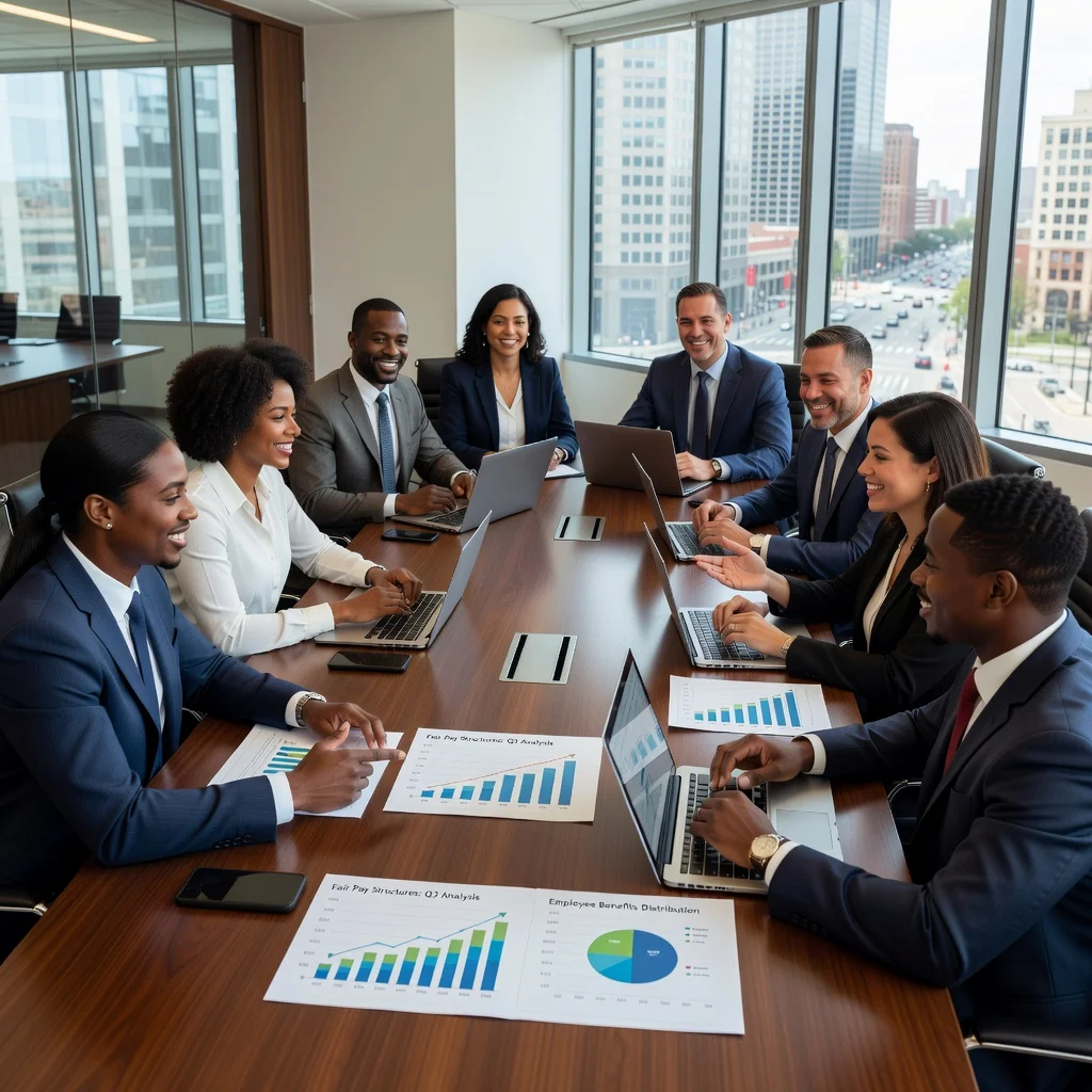 A photorealistic image depicting a diverse group of professional adults in a modern US business office, engaged in a collaborative discussion about compensation strategies, symbolizing fairness and motivation in employee rewards, with no children present.