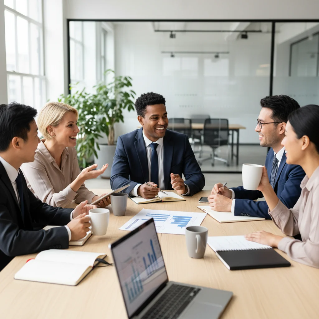 A photorealistic image of diverse professionals in a modern corporate office, engaged in a positive team discussion about compensation and benefits, symbolizing the importance of a clear salary philosophy statement in fostering employee satisfaction and motivation, with no children present.
