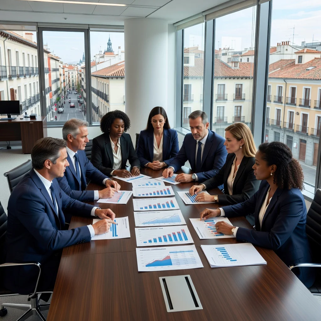 A photorealistic image of a professional business meeting in a modern Spanish office, where diverse adults are discussing compensation strategies around a conference table with charts and documents, symbolizing fair pay and philosophy in employment, no children present.