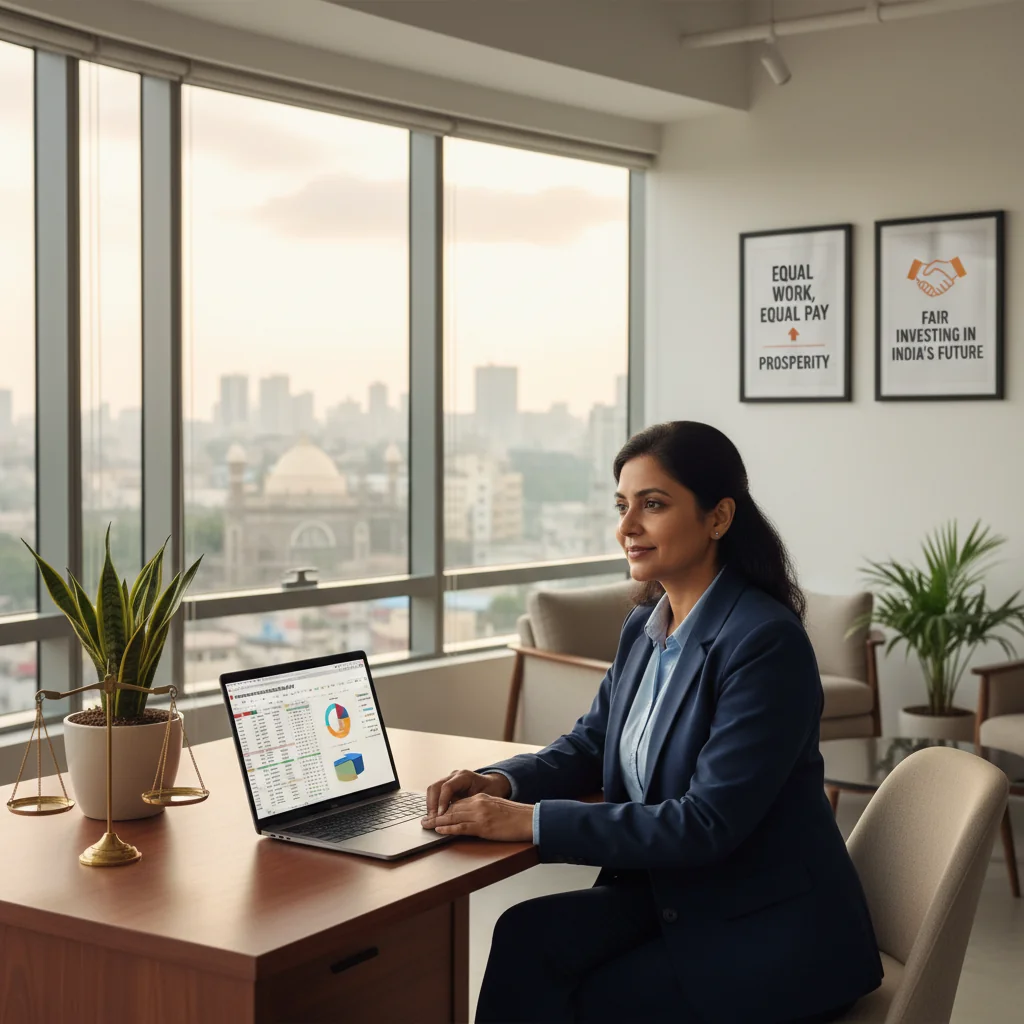 A photorealistic image of a professional adult individual in a modern office environment, symbolizing compensation philosophy in an Indian business context. The person is an adult professional, dressed in business attire, reviewing documents at a desk with subtle Indian cultural elements like a map of India or traditional decor in the background, conveying fairness, equity, and reward in compensation. No children are present. The image is photorealistic, not a graphic, drawing, or illustration.