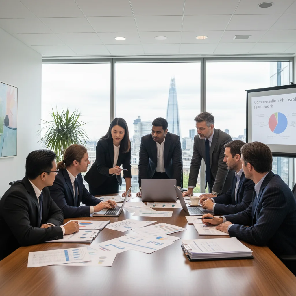 A photorealistic image of a diverse group of professional adults in a modern UK office setting, engaged in a collaborative discussion about compensation strategies, symbolizing the development and implementation of a fair compensation philosophy. The scene includes business professionals reviewing charts and data on employee benefits and salaries, with subtle UK elements like a Union Jack flag in the background or London skyline view from the window. No children are present in the image. The image is entirely photorealistic, with no graphics, drawings, or illustrative elements.