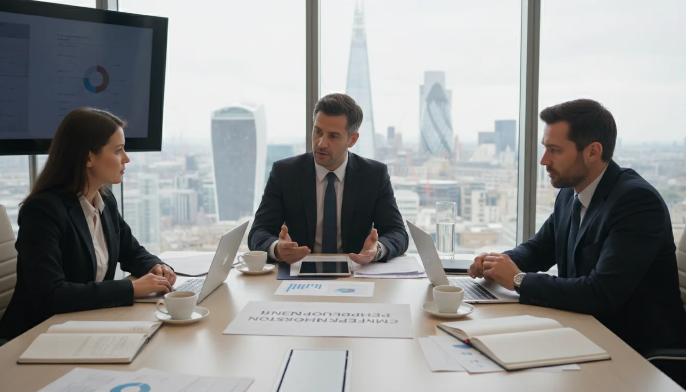 Business professionals discussing compensation strategy.